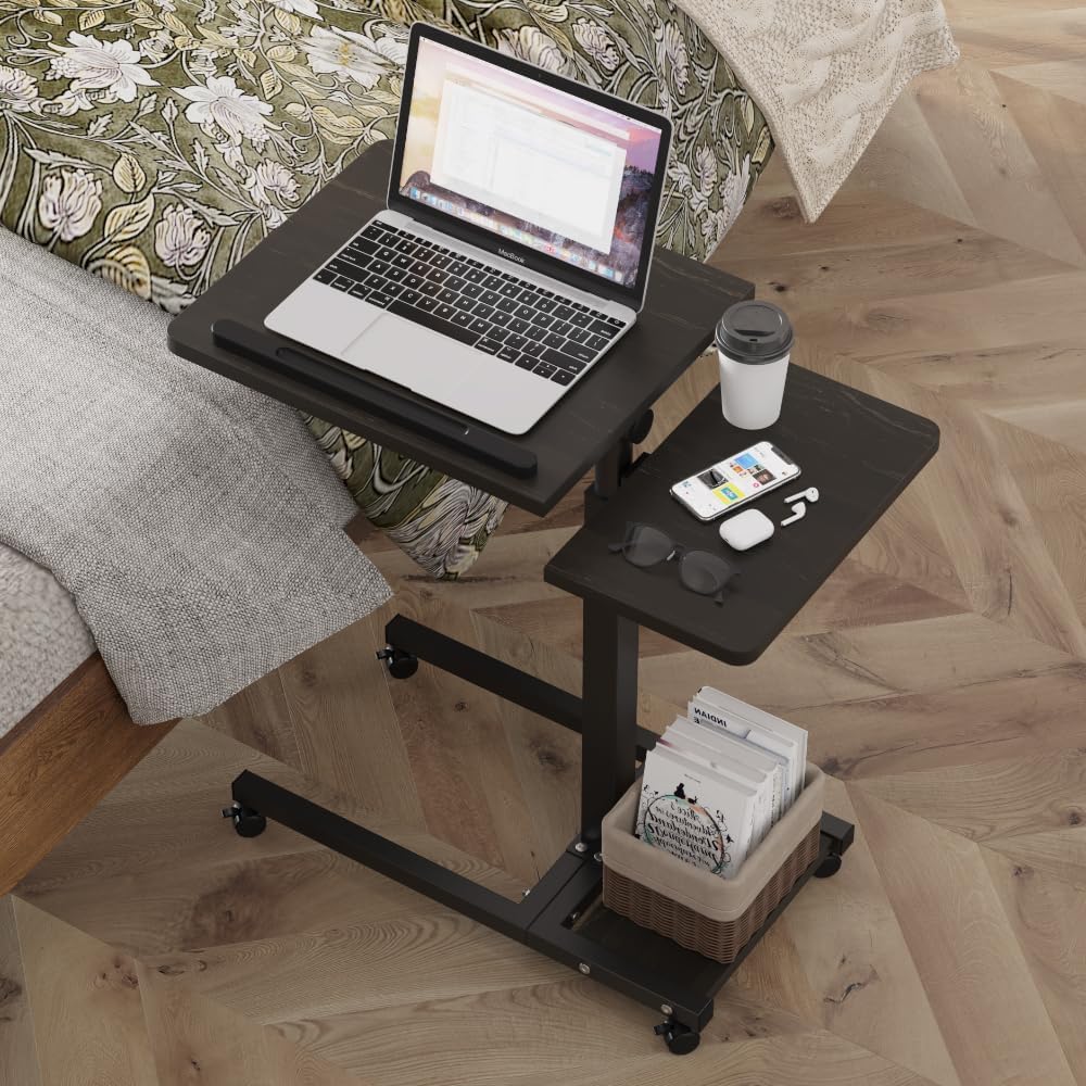 LINGMI Mobile Height Adjustable Laptop Desk with Mouse Pad, Portable Laptop Desk Rolling Tiltable Table with Small Side Table for Couch,Rolling Computer Stand