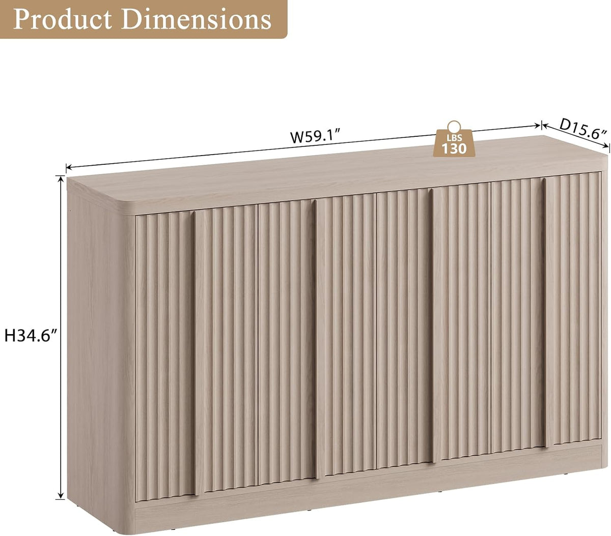 YANSNWO 60" Fluted Buffet Cabinet with Solid Wood Handles, White Alder(1PC)