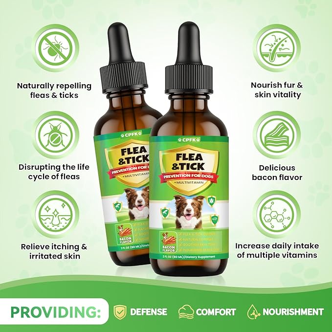 Flea and Tick Prevention for Dogs, 60 ML (2 FL OZ) 2 Pack Natural Oral Flea and Tick Drops for Dogs Containing Multivitamin All Breeds and Sizes Fleas Control for Dog Bacon Flavor