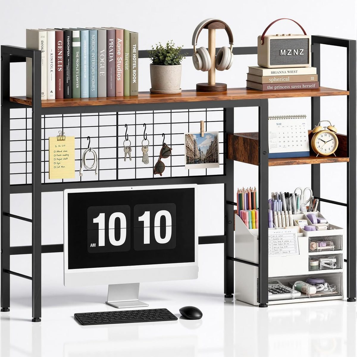 Desk Shelf, 38.6" Desk Hutch with Pegboard Hooks Set, Rustic Brown