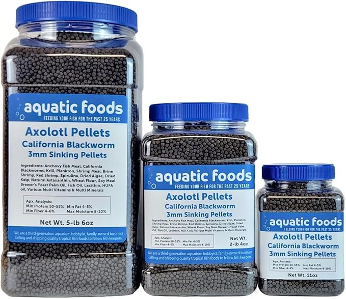 Aquatic Foods Inc. Axolotl Blackworm Pellets. 3mm-1/8 Sinking California Blackworm Medium Pellets for Medium/Large Axolotl, Frogs, Shrimp, Salamanders, Newts, Snails…5-lbs 6oz Jar