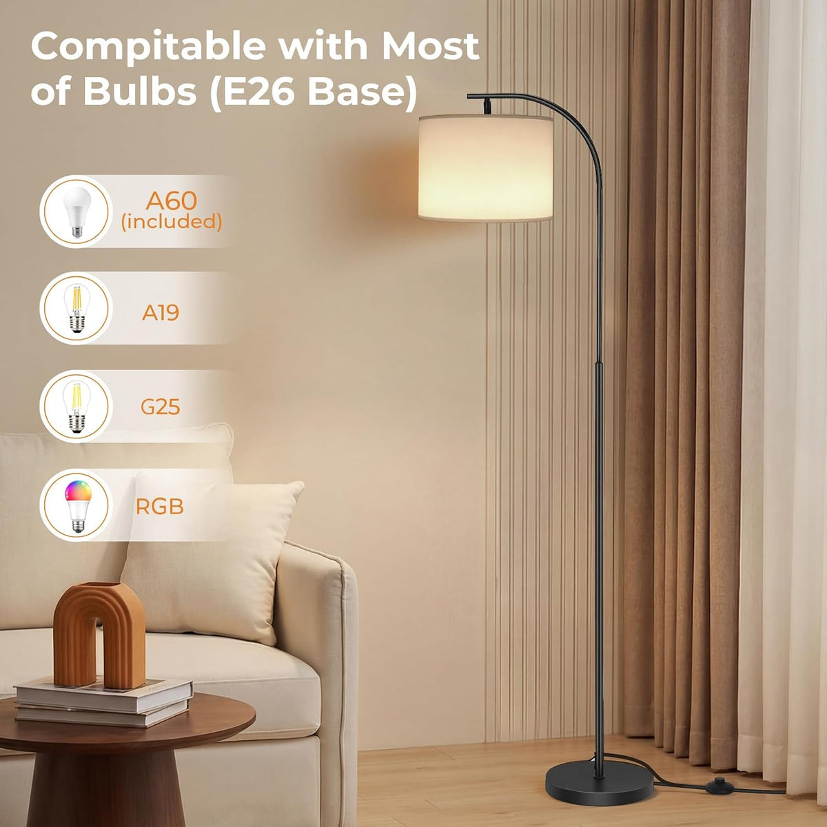 SIBRILLE Floor Lamp with Linen Shade, Arc Dimmable Tall Standing Lamp with Remote Control, Modern Floor Reading Light for Living Room Bedroom Office Corner, 9W LED Bulb Included