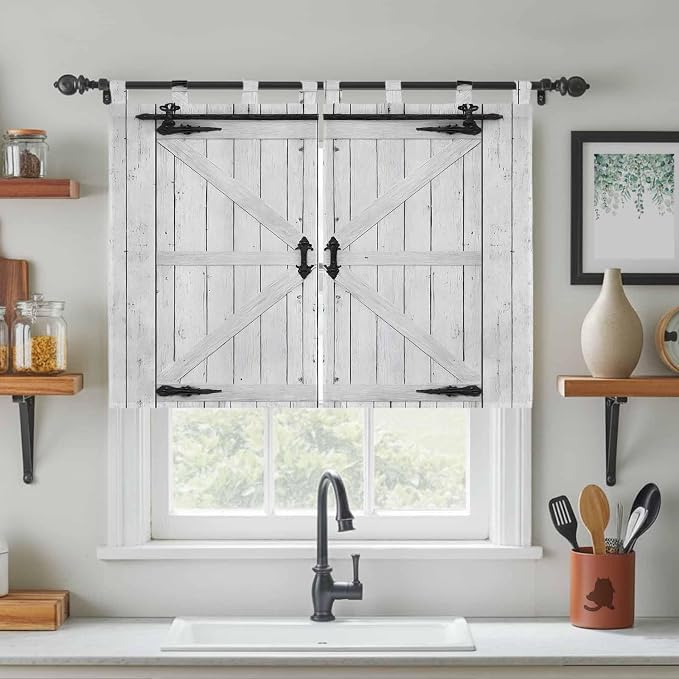 Farmhouse Wood Grain Bedroom Curtains 63 Inch Length, Window Curtains Tab Top