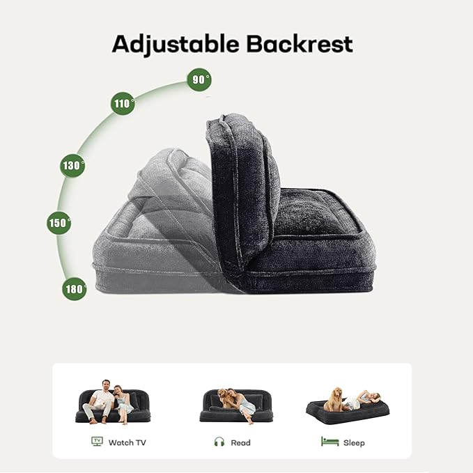 Double Human Dog Bed for Adult and Kids, Comfy Foldable Lazy Floor Loveseat Sofa Bed with 5 Adjustable Position, Upholstered Floor Bean Bag Lounger Chair for Bedroom, Living Room,Office (Black)