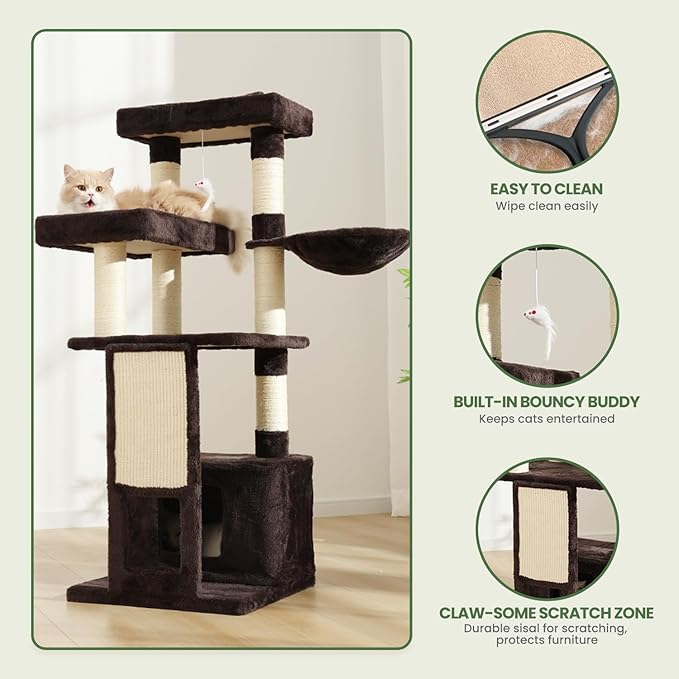 Cat Tree, 50.31-Inch Cat Tower for Indoor Cats, Cat House with Padded Platform Bed, Toy Mouse Ball, Large Cozy Condo, Hammocks and Sisal Scratching Posts for Kittens Play, Brown