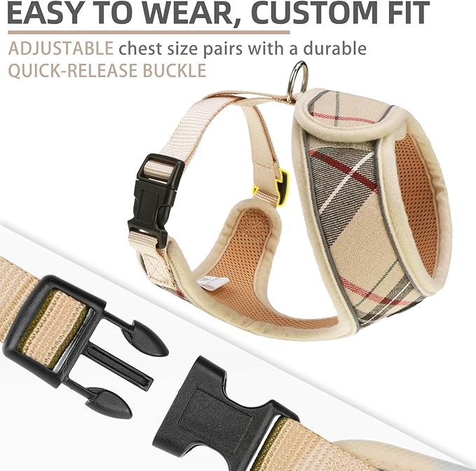 PUPTECK Soft Mesh Dog Harness Small Sized and Leash Set Pet Puppy Cat Comfort Padded Vest No Pull Harnesses, Beige Plaid, Openable Neck, New M