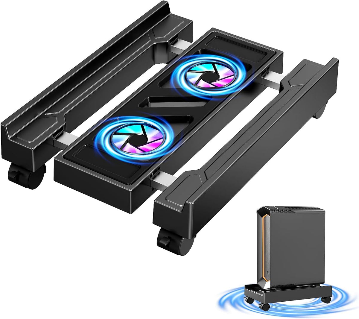 CABTE Computer Tower Stand with Cooling Fan, Adjustable Mobile CPU Holder