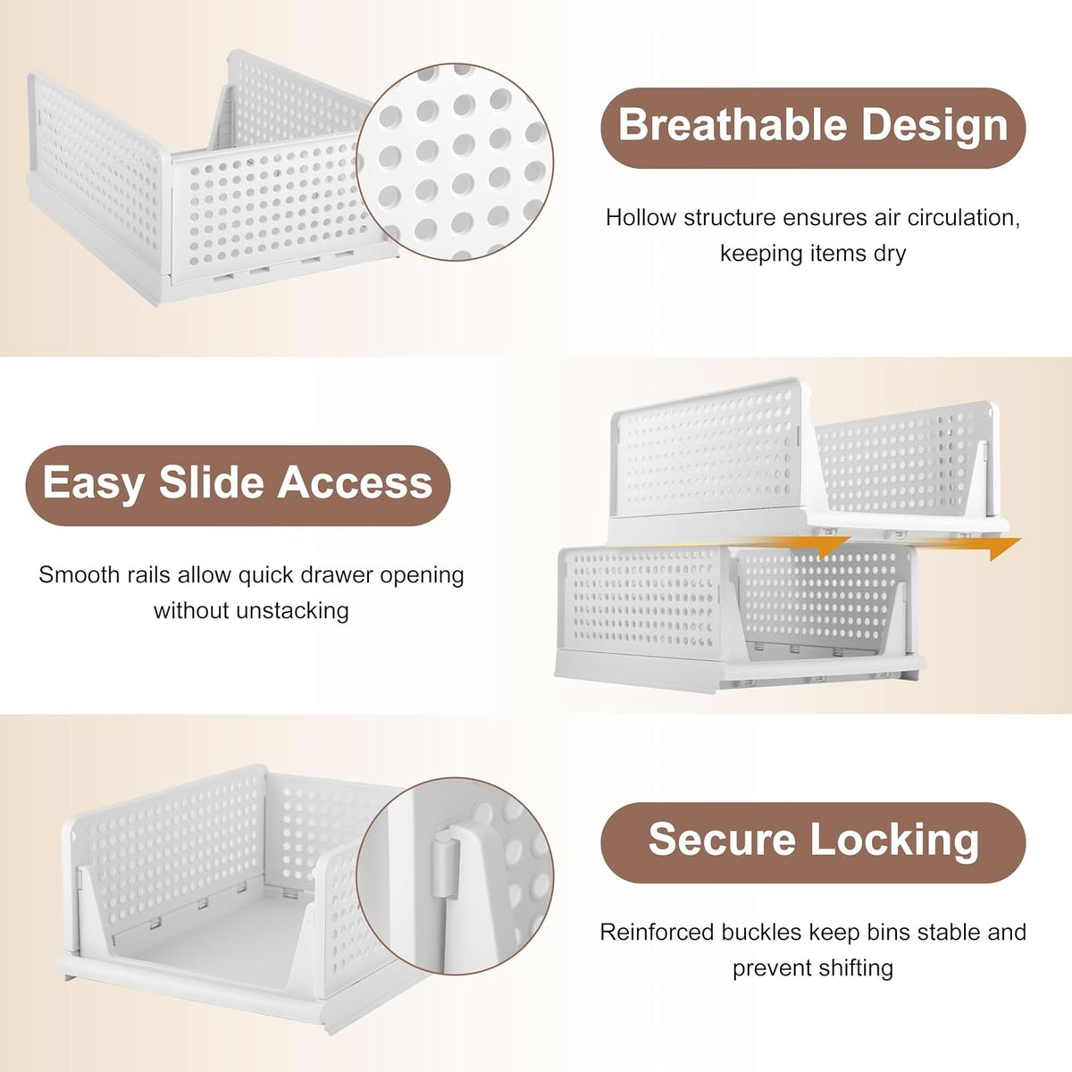 Whitmor Foldable Closet Storage Basket 4 Pack, Space-Saving & Stackable Clothes Storage Organizer, Heavy Duty & Multifunctional Plastic Drawer Shelves for Wardrobe, Kitchen, Bathroom, White