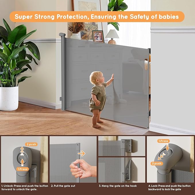 Retractable Baby Gate for Stairs, 71" Wide Mesh Pet Gate, Automatic Tension, One-Hand Operation, 38" Tall Baby Gates for Doorways, Hallways, Deck, Indoor Outdoor, Safe, Easy to Fit, Gray