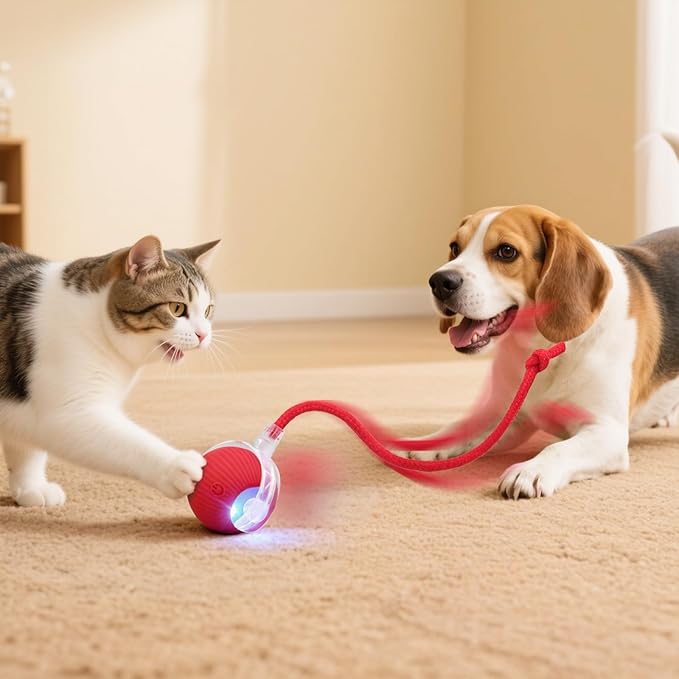Interactive Electric Automatic Rolling Moving USB Rechargeable Self Activated Play Stimulation Toy Smart Chase Teaser Ball with Speedy Tail Rope for Bored Adult Indoor Cats and Dogs, Green