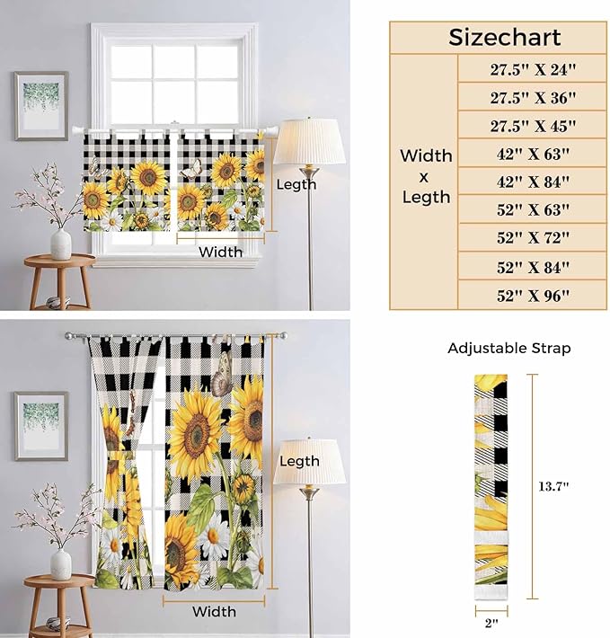 Sunflowers Kitchen Curtains 36 Inch Length, Small Window Curtains Tab Top