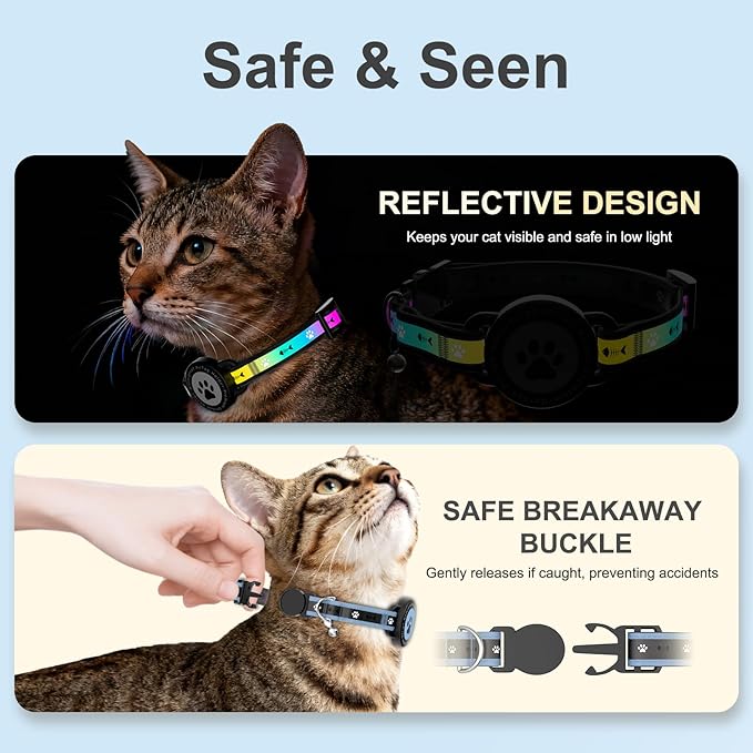 Airtag Cat Collar Breakaway, Reflective Cat Collar with AirTag Holder and Bell, Compatible with Apple Air Tag, Comfortable Padding, Adjustable, Durable (Blue, XS)