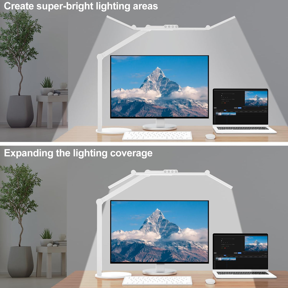 Micomlan Led Desk Lamp with Atmosphere Lighting, Rotatable Tall Architect Desk Lamp for Home Office with Swing Arm, 24W Bright Auto Dimming Adjustable Computer Light with Base for Table