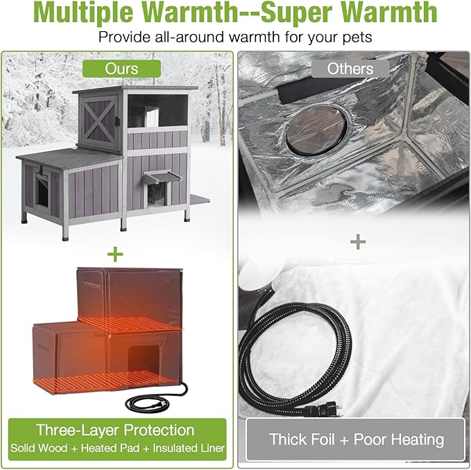 GUTINNEEN Heated Cat House for Outside Outdoor Cat House Insulated with Heated Pad, Insulated Liner, Dual-Section Large Wooden Shelter with Three Escape Doors for Multiple Cats