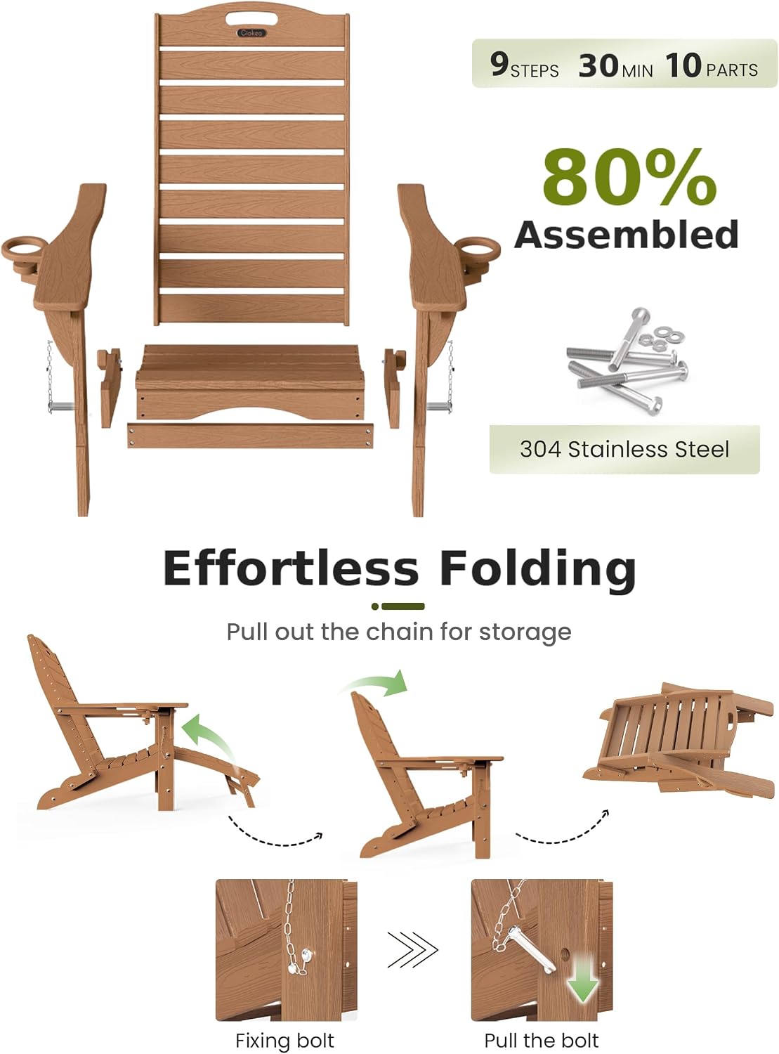Ciokea HDPE Folding Adirondack Chair with Footrest,Teak,1