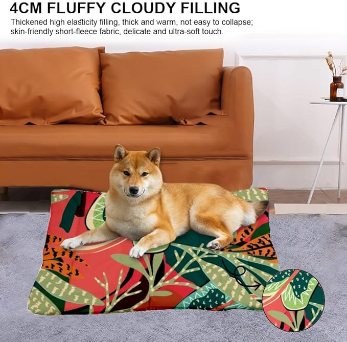 Green Red Tropical Leaves Dog Beds and Furniture Mattress for Dog Bed Crate Pad Bed for Crate Washable Non-Slip Beds Washable Small Small Mat Pillows Medium Dogs Indoor Outdoor 24X18 Inch
