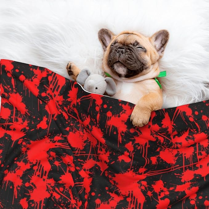 Pet Blanket for Indoor Outdoor Use, Classic Horror Blood Splatter Black, Two Sided Reversible Plush Mat with Bumpy Dot Texture for Patios Crates Portable Bed Companion