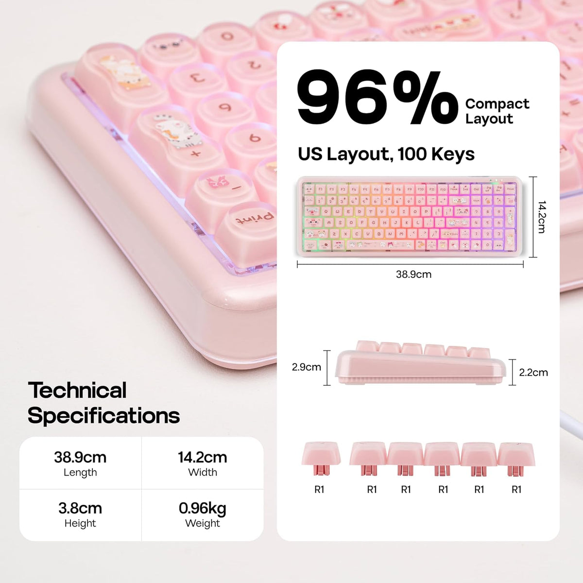 MechLands X Maorbeng X100 PRO Membrane Gaming Keyboard with Number Pad, RGB Backlits, Wireless Computer Keyboard with 5000mAh Battery, BT/2.4G/USB-C Wired, 96% Layout for Windows/Mac/PC (Pink)