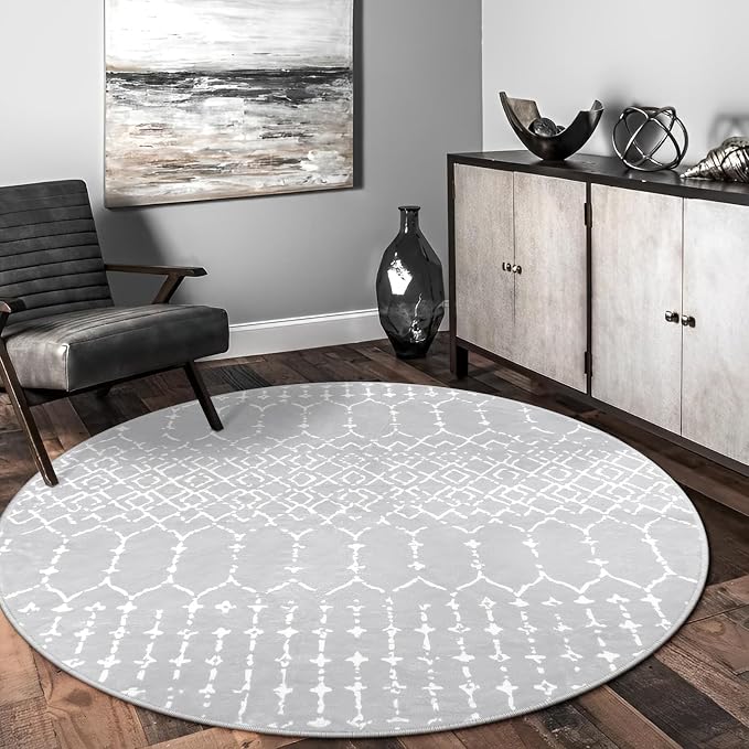 Lahome Moroccan 5Ft Round Rug Machine Washable Round Bedroom Carpet Grey