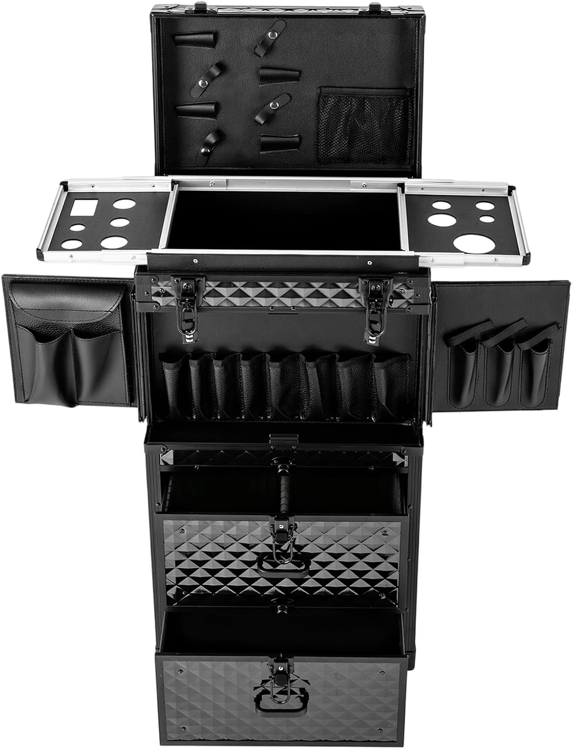 Rolling Makeup Train Case with Dual Password Locks, Aluminum Cosmetic Trolley Organizer with Wheels & Drawers, Professional Hair Stylist Barber Case for Salon Travel