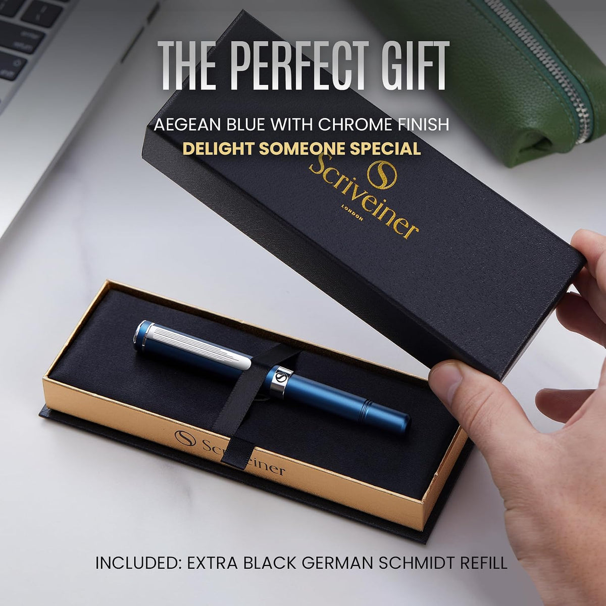 Scriveiner Blue Rollerball EDC Luxury Pen, Stunning Pocket Pen with Chrome Finish, Cool Writing Pen, Best Gift for Men & Women, German Schmidt Refill, Nice Present, Fancy Office Designer