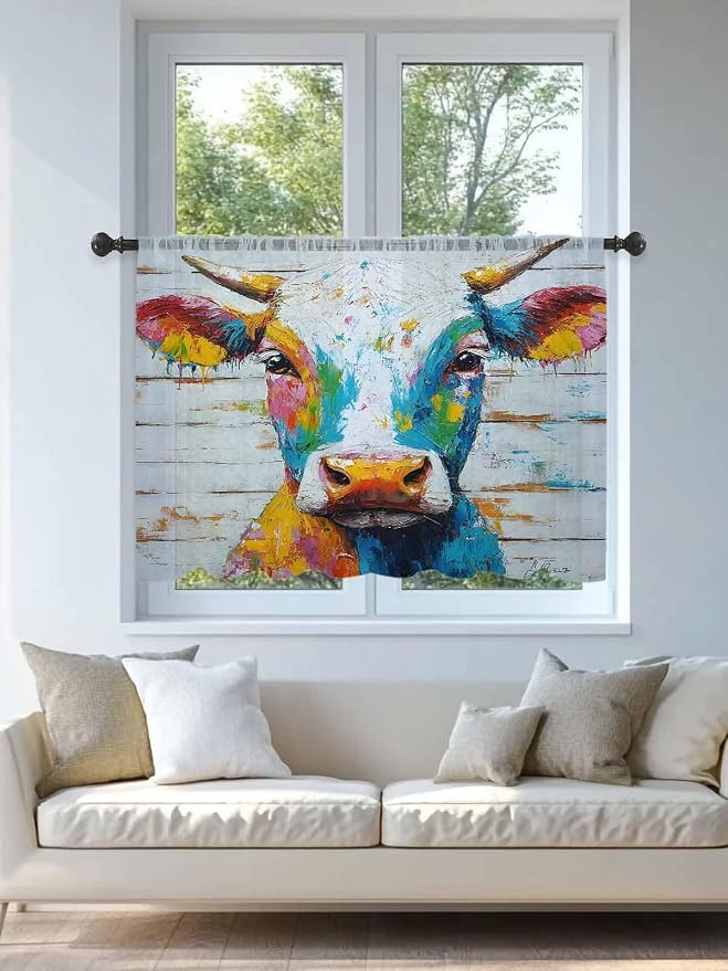 Sheer Curtains 45 Inch Length, Funny Colorful Cow Semi Sheer Curtains Light