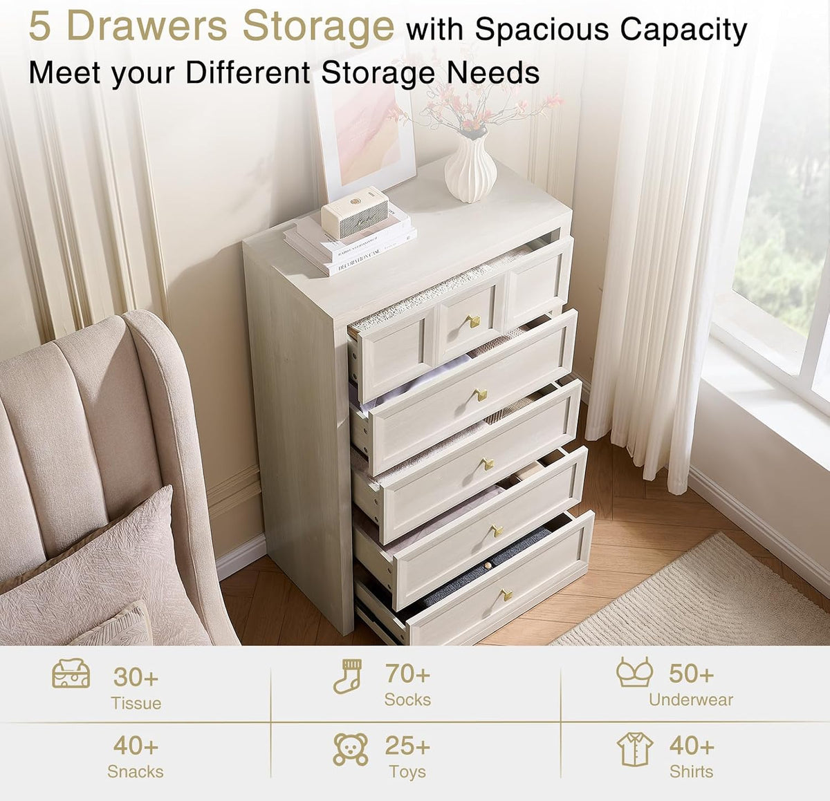 5 Drawers Dresser for Bedroom, 45.7" Tall Large Dresser & Chests of Drawers with Metal Handle, Clothes Storage Organizer Dresser w/Natural Texture for Bedroom, Living Room-Grey White