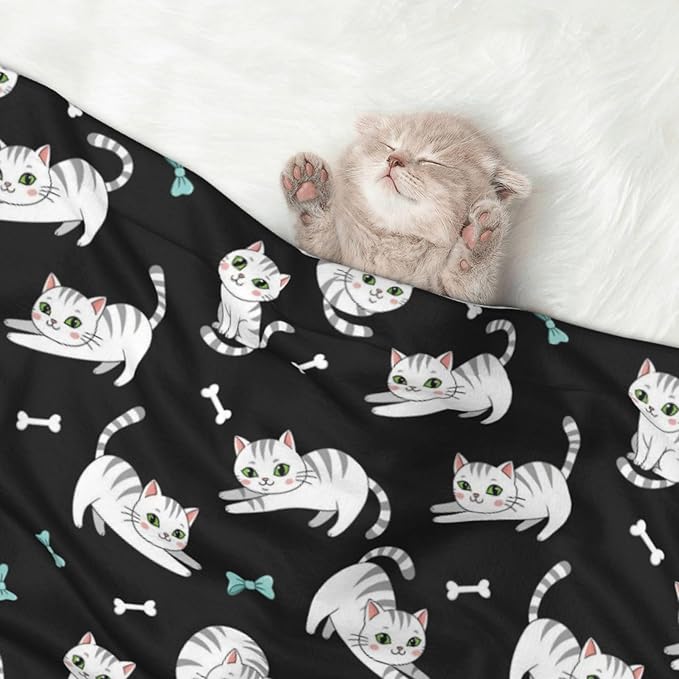 Double Sided Plush Pet Blanket with Cozy Dot Texture and Smooth Reverse, White Cute Cats, Reversible Throw for Dogs Cats on Couches Beds Crates