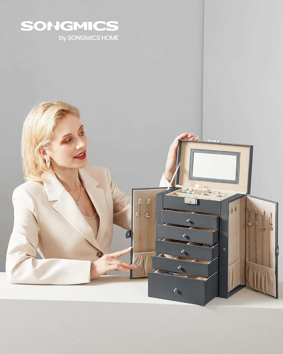 SONGMICS 6-Layer Jewelry Box Organizer with 5 Drawers, Lock and Mirror