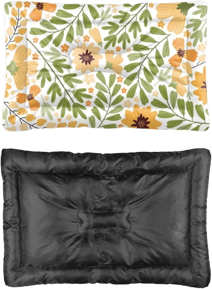 Natural Yellow Floral Green Dog Bed Furniture Crate Mat for Dogs Dog Bed Crate Pad Washable for Washable Non-Slip Cage Small Size Dogbed Mat Cushions Indoor Outdoor 36X24 Inch