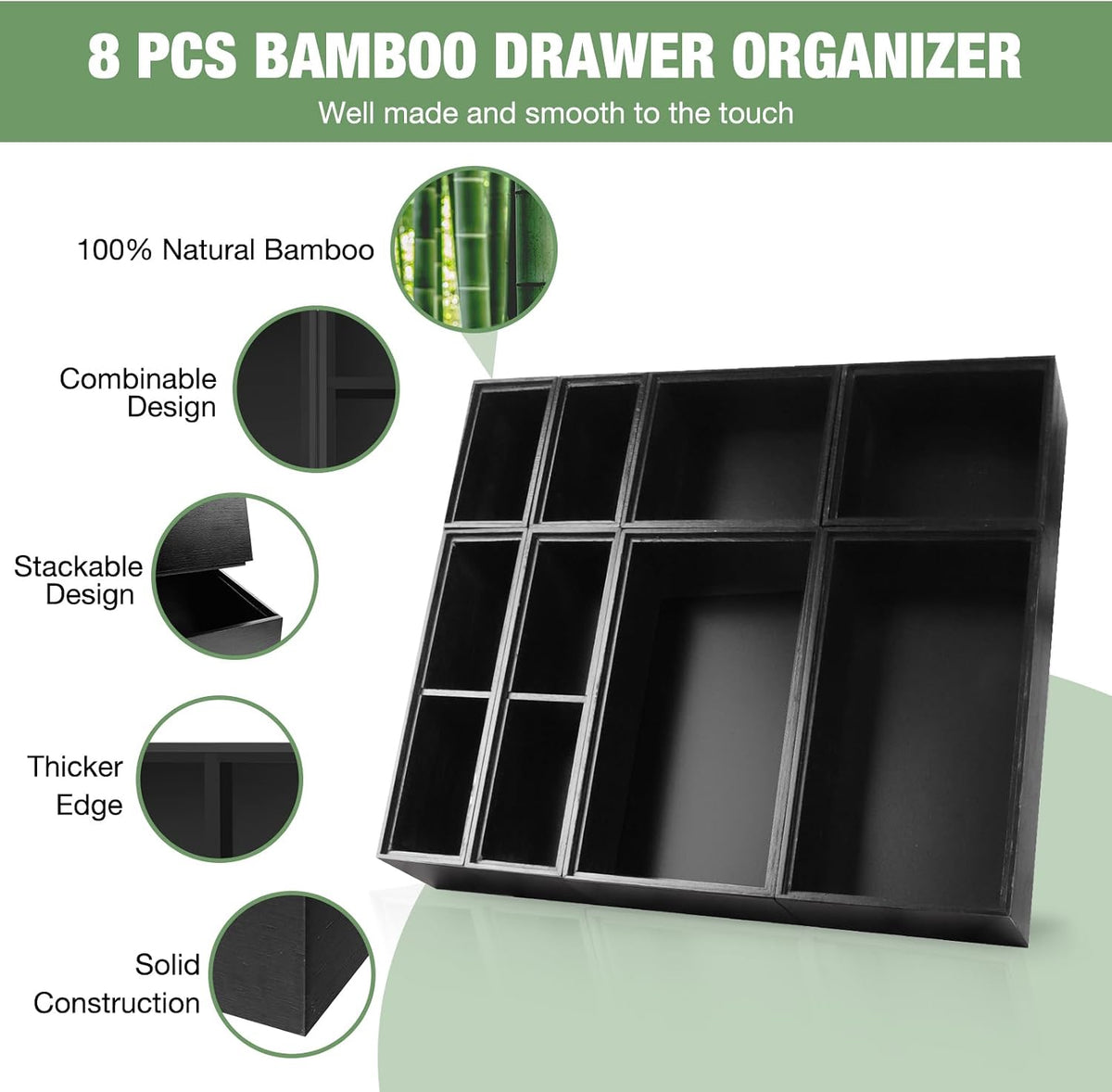 Bamboo Drawer Organizer Set, 8 PCS Black Multi-Use Drawer Storage Boxes, Junk Drawer Organizer Divider Bins for Bathroom, Kitchen, Office Desk, Makeup, Jewelry, Utensils