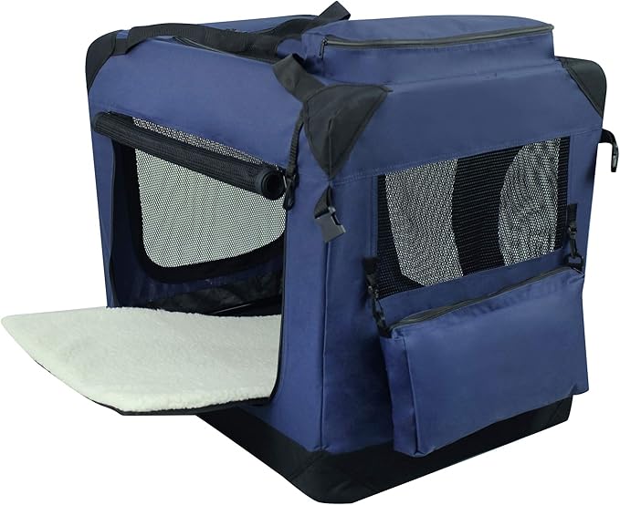 EliteField 3-Door Folding Soft Dog Crate with Carrying Bag and Fleece Bed (2 Year Warranty), Indoor & Outdoor Pet Home (24" L x 18" W x 21" H, Navy Blue)