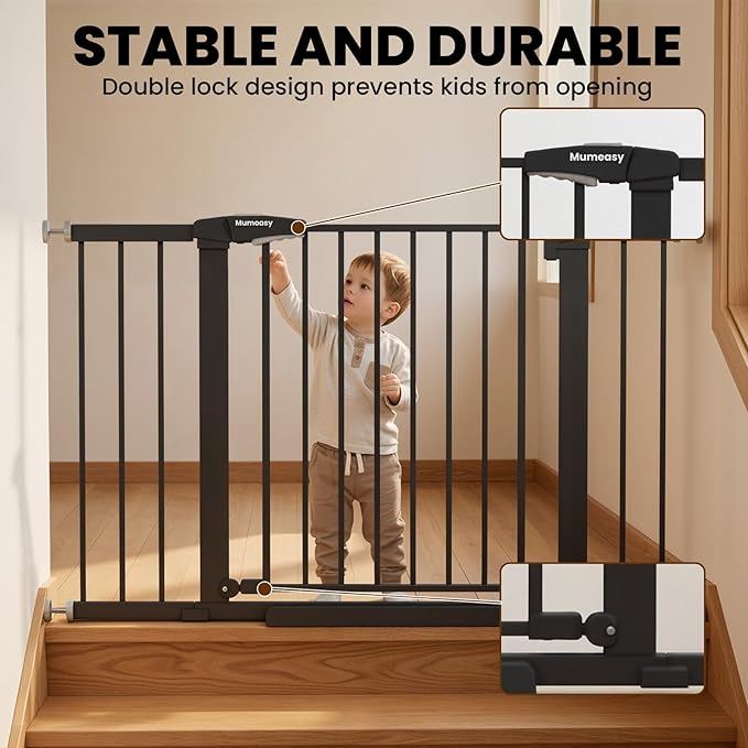 29.7-46" Extra Wide Baby Gate for Stairs, Pressure Mounted Dog Gate Indoor for Doorways, Auto Close Pet Gate with Walk Thru Door, Double Lock Child Safety Gate for Kids and Pet, No-Trip Design