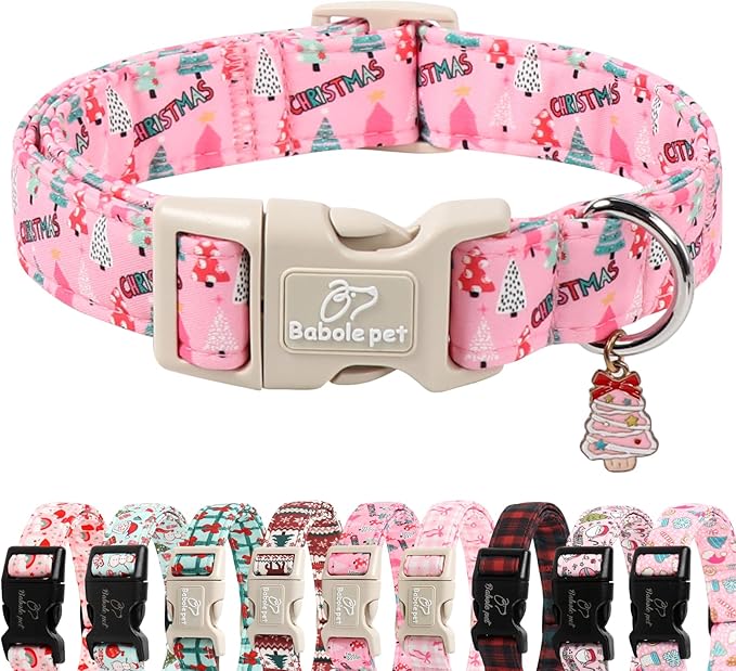 Christmas Dog Collar for Giant Large Dogs - Cute Xmas Tree Print Pink Christmas Collars for Dogs, Soft Adjustable Winter Holiday Dog Collars with Quick Release Buckle XL