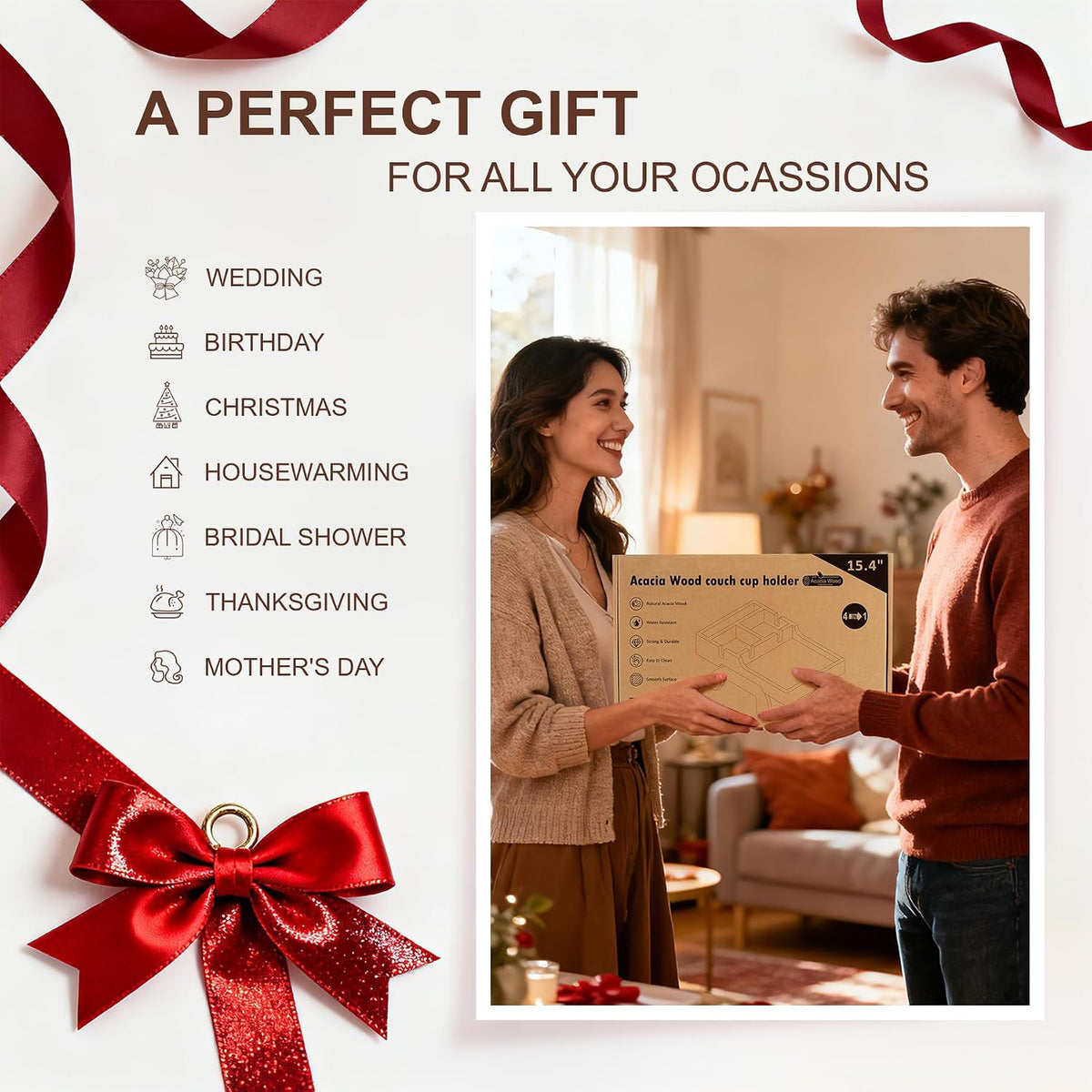 Acacia Wood Couch Armrest Table with 2 Cup Holders & Remote Slot 15.4"x9.8"