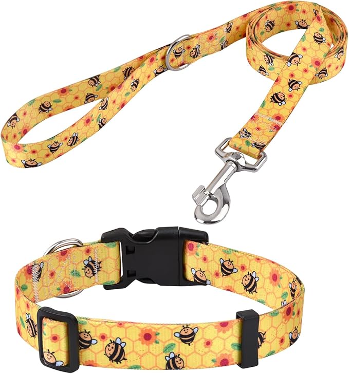 Dog Collar and Leash Set with Bohemia Floral Tribal Geometric Patterns - Soft Ethnic Style Collar Adjustable for Small Medium Large Dogs(Bee Set,S)