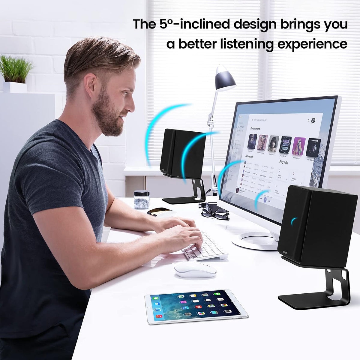 VAYDEER Desktop Speaker Stands with Vibration Absorption Pads, Metal Speaker Stands Pair Support Up to 40lbs,Bookshelf Speaker Stands for Better Audio Experience (7.09 x 5.51 x 5.12 inch)