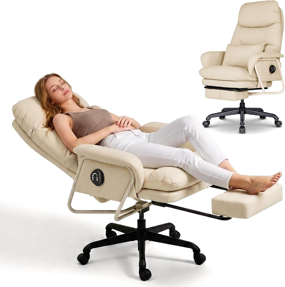 180° Reclining Office Chair with Footrest, PU Leather, Beige
