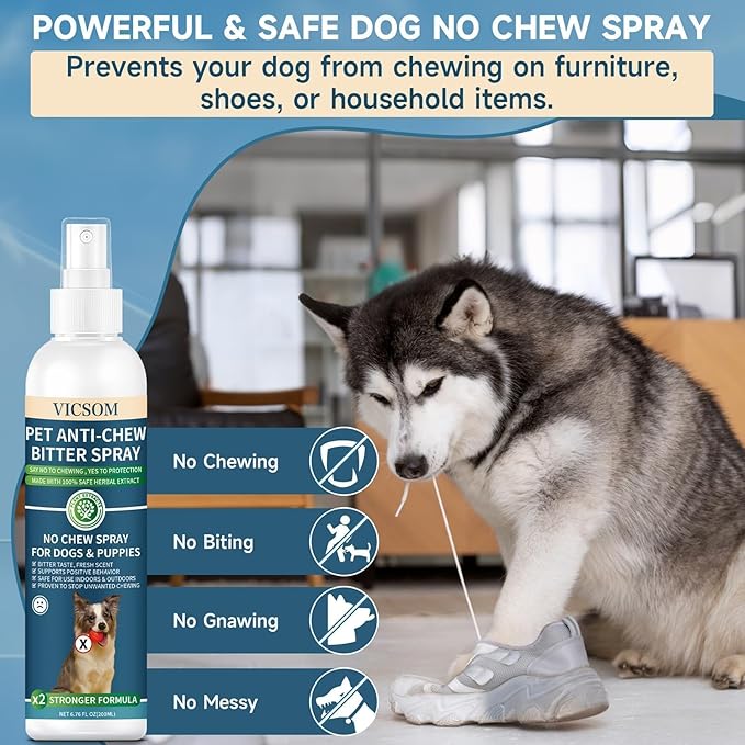 No Chew Spray For Dogs, Bitter Apple Spray For Dogs Stop Chewing Furniture, Shoes, Prevent Licking Bandages, No Alcohol & Trace, Safe Dog Training & Behavior Aids Spray, 6.76 FL Oz, Indoor & Outdoor