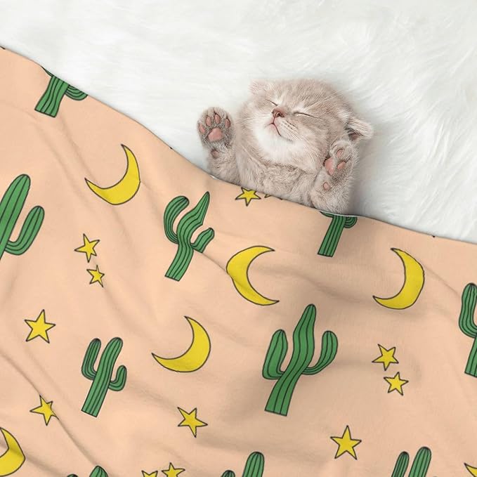Reversible Dog Blanket for Beds Couches, Cactuses Moon, Double Sided Cat Blanket with Textured Dot Feel and Smooth Feel for Seasonal Comfort All Year