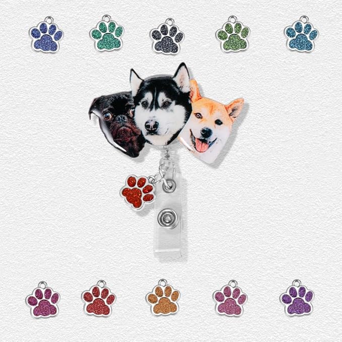 callie Personalized Pet Portrait Badge Reel - Custom Dog Cat Photo, Cute Badge Holder Retractable with Alligator Clip & Paw Charm, Gifts for Dog Lover Nurse RN CNA Doctor（2 Pets）
