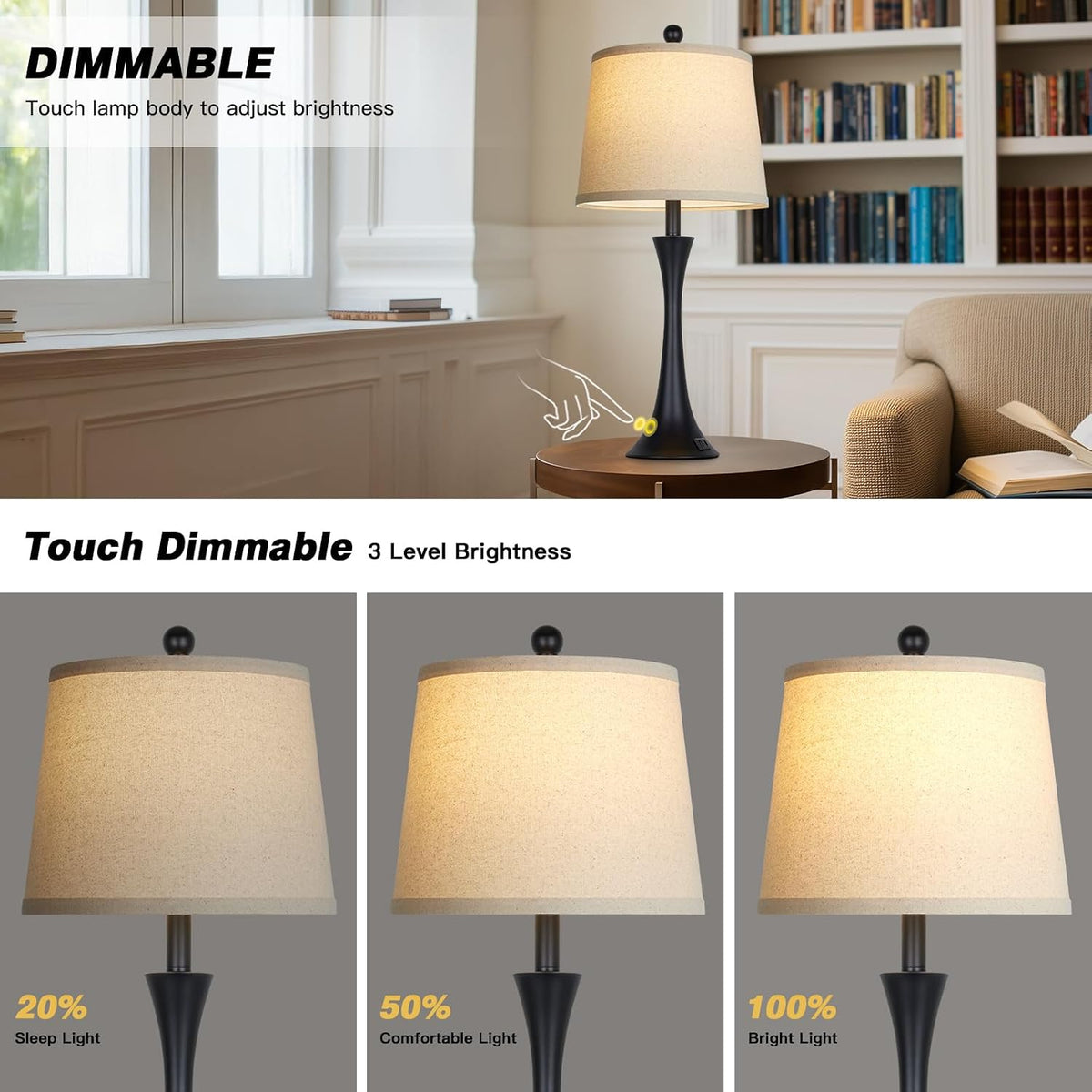 27.5" Black table Lamps for Living Room, Touch Control 3-Way Dimmable Bedside Nightstand Lamps Bedroom Lamp,Modern Black Table Lamp with USB A+C Ports,Tall Lamps for Living Room End Table（1Pack）