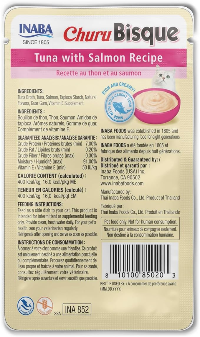 INABA Churu Bisque for Cats, Creamy Lickable Purée Side Dish with Vitamin E, 1.4 Ounces per Pouch, 12 Pouches, Tuna with Salmon Recipe