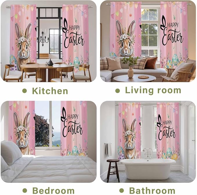 Easter Kitchen Curtains, Spring Rabbit Eggs Flowers Flags Leaves Wood Grain