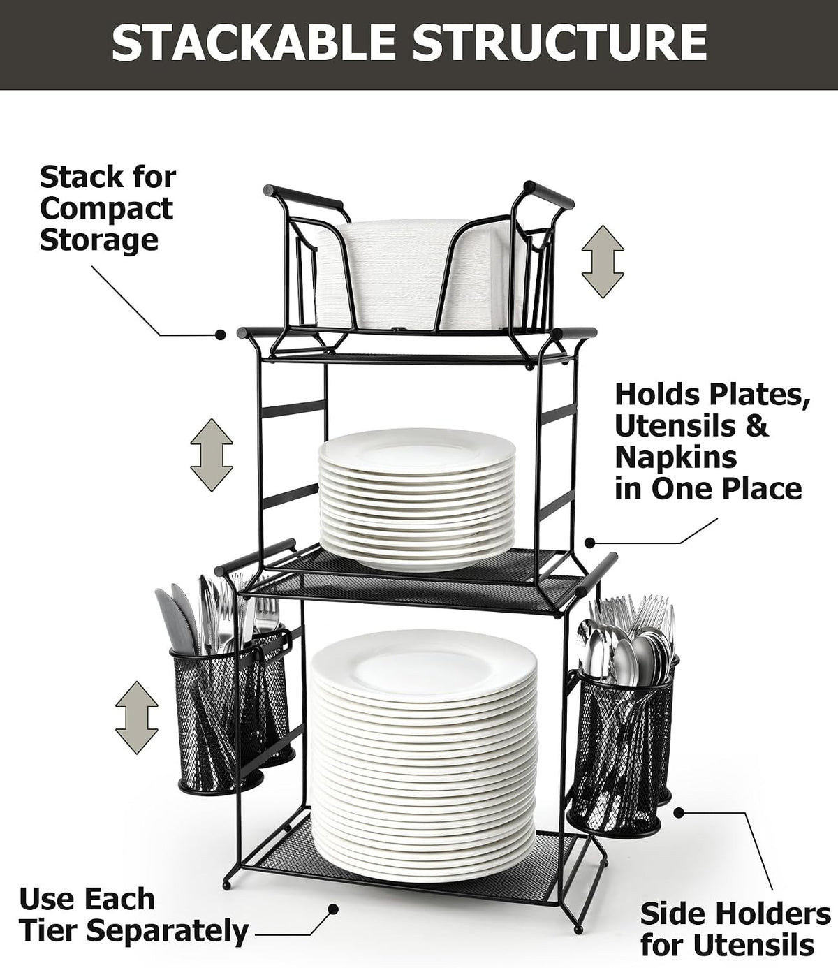 HULISEN 3-Tier Buffet Caddy, 7-Piece Paper Plate & Utensil Holder for Party