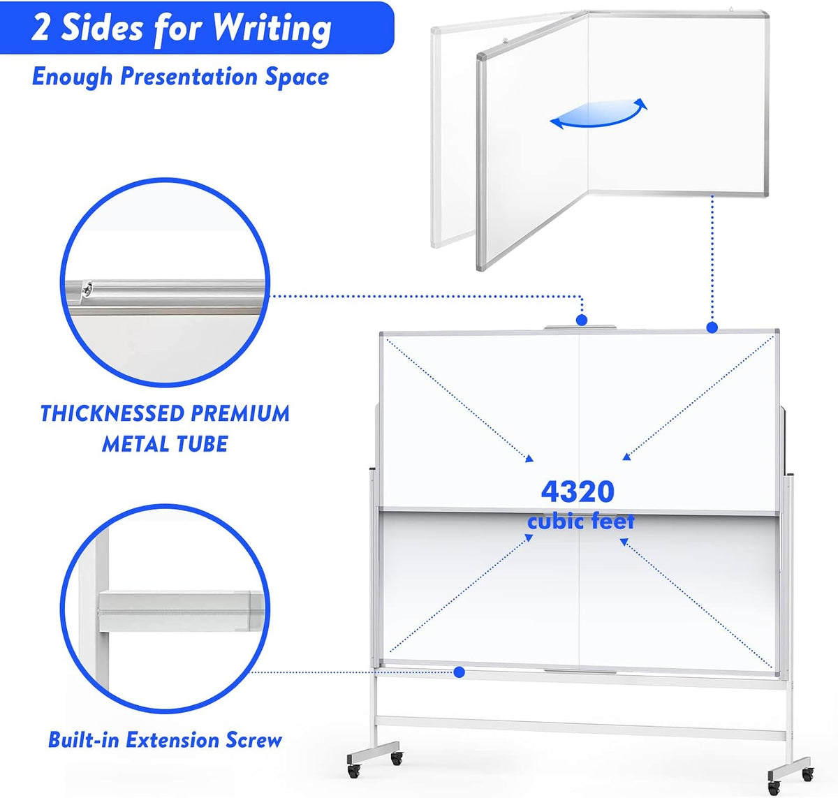 Maxtek Double-Sided Rolling White Board on Wheels 72x60, Height Adjustabled