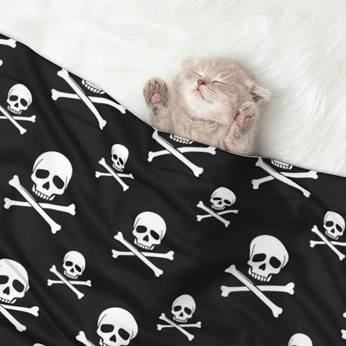 Two Sided Pet Cuddler Blanket for Anxiety Calming, Skull and Crossbones, Reversible Plush Design with Bubble Dot Pattern Provides Familiar Surface Anywhere