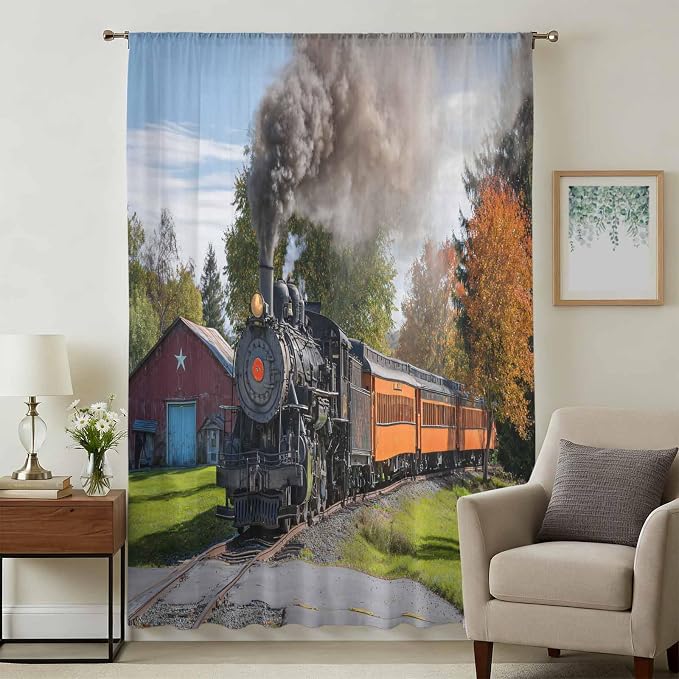 Steam Train Sheer Curtains 63 Inch Length Railroad Country Barn Rustic Trees