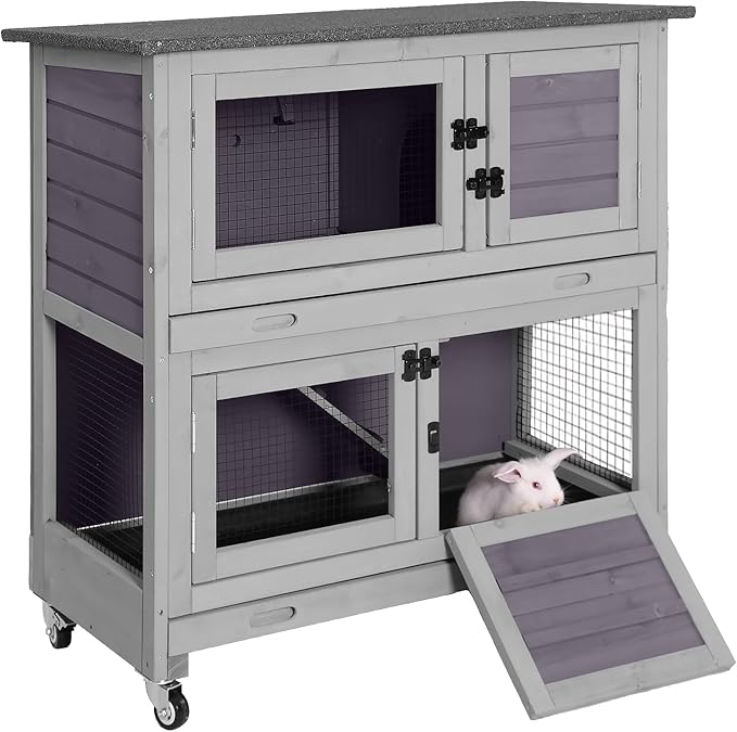 Rabbit Hutch Indoor, 36'' Bunny Hutch Outdoor, Mobile Rabbit Cage with Wheels, 2-Story Bunny Cage with 2 Pull Out Trays, Wooden Guinea Pig Cage (Grey)