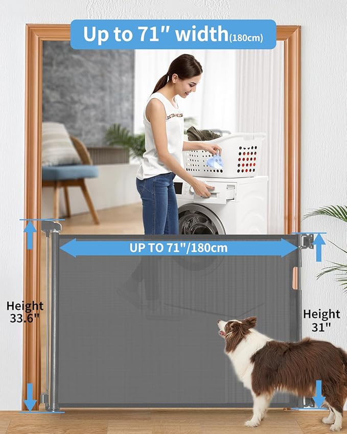 Retractable Baby Gate for Doorways and Stairs, Mesh Safety Gate for Pet, Indoor & Outdoor Use, One-Hand Operation, Easy Installation, 33.6" Tall, Expands to 71" Wide(Grey,33.6"x71")